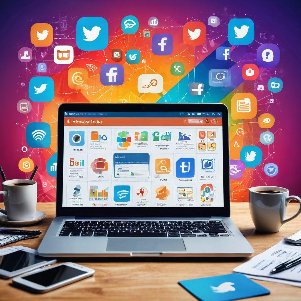 A visually striking collage depicting a laptop with SEO analytics charts on the screen, surrounded by colorful social media icons like Facebook, Twitter, and Instagram. Include a growing graph symbolizing blogging success, with elements like a coffee mug and notepad to create a cozy workspace vibe. The background features vibrant gradients representing digital technology and connectivity. super-realistic. vibrant colors. 3D.