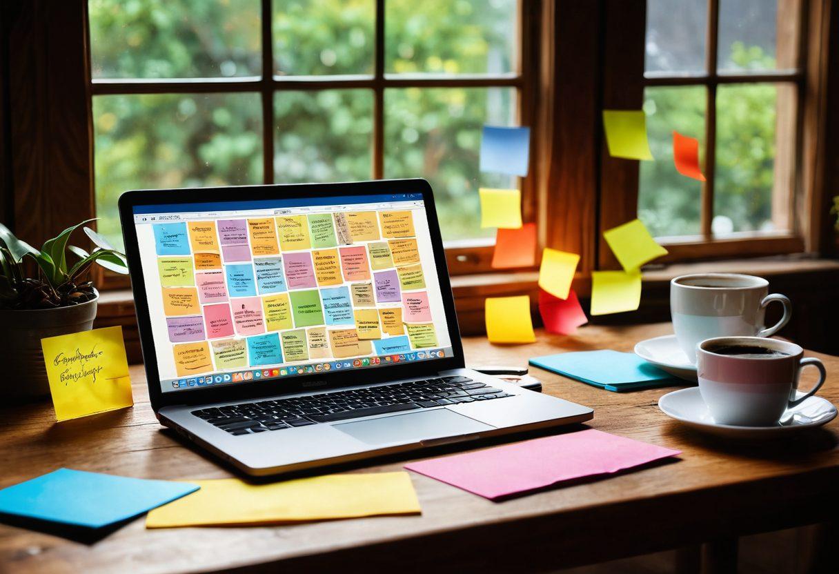 A vibrant, open laptop on a cozy wooden desk surrounded by colorful sticky notes and a steaming cup of coffee, symbolizing creativity and inspiration in blogging. In the background, a wall filled with written ideas and pictures showcasing engagement techniques. Soft sunlight streaming through a window, casting a warm glow over the scene. vector art. vibrant colors. cozy atmosphere.