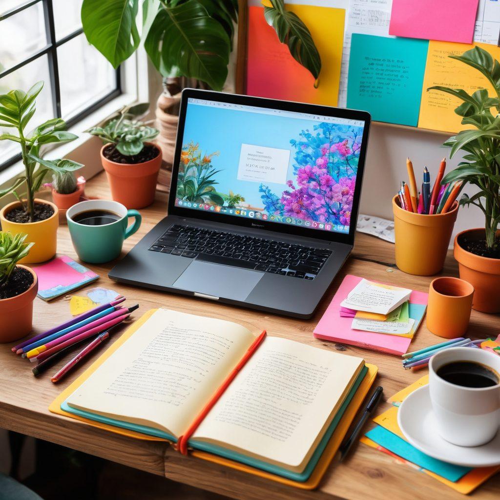 A creative workspace with a beautiful journal open, surrounded by colorful art supplies and a laptop displaying a vibrant blog layout. Include elements like a steaming cup of coffee, inspiration quotes on sticky notes, and a plant bringing life to the scene. The lighting should be warm and inviting, highlighting the creative process. super-realistic. vibrant colors. 3D.